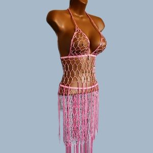 Pink Lace / Crochet / Fishnet Babydoll and Skirt (Medium)